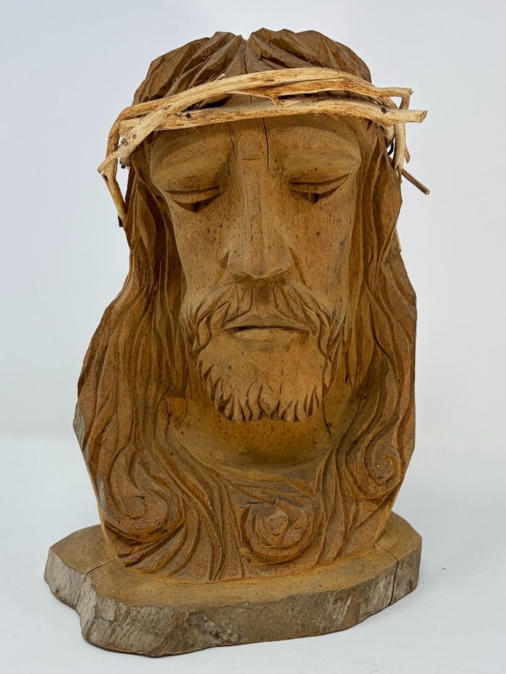 Hand Carved Wood Log Jesus Christ Head Face Bust Religious Christian Folk Art